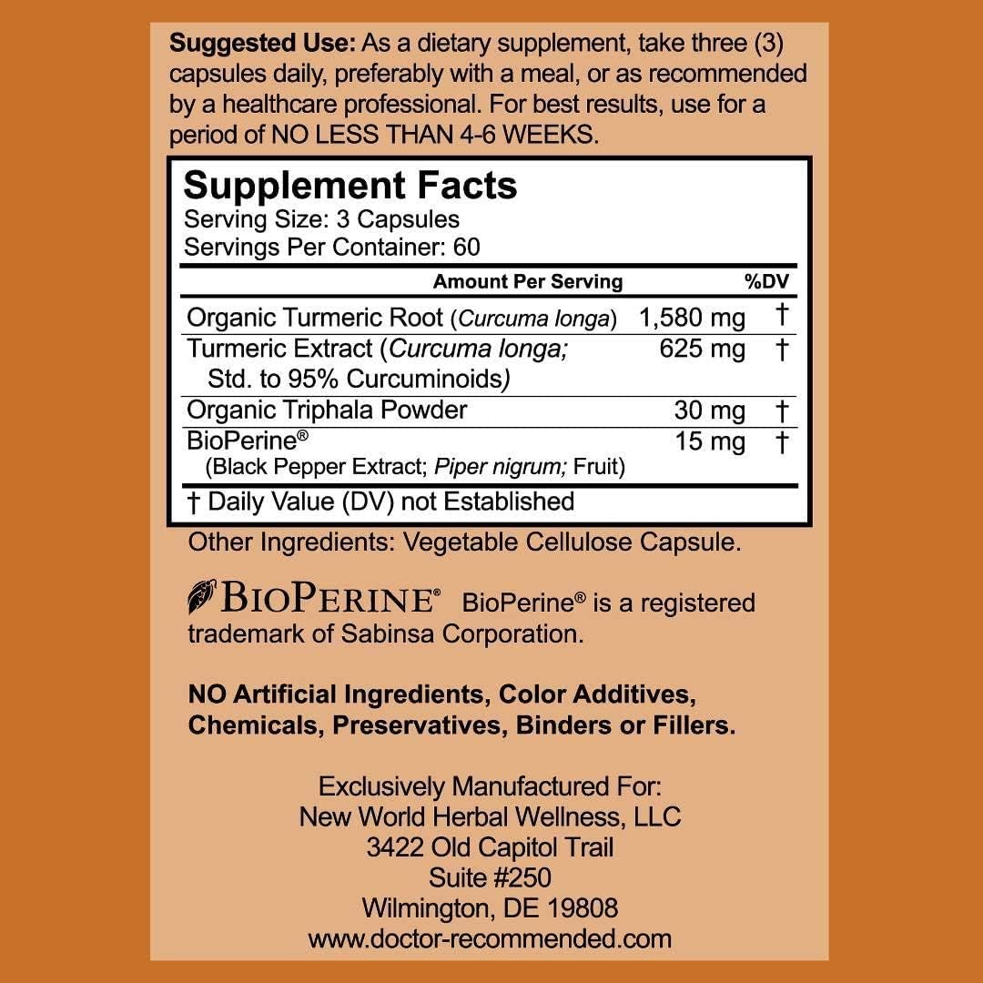 Turmeric Curcumin - 2250mg/d - Veggie Caps - 95% Curcuminoids with Black Pepper Extract (Bioperine) - 750mg Capsules - 100% Organic - Most Powerful Turmeric Supplement with Triphala (180 Count): Health & Personal Care