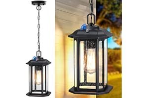 MYHXQ 13.4'' Dusk to Dawn Outdoor Pendant Lights for Porch, Black Hanging Porch Light with Seeded Glass, Waterproof Outdoor Chandelier Farmhouse Ceiling Light Fixture Lanterns, 1Pack