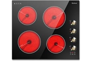 Karinear Electric Cooktop 24 Inch, 4 Burners Electric Stove Top, Built-in Radiant Cooktop Knob Control, Safety Lock, Timer, Pause, 6000W 220~240V Hard Wired(No Plug)
