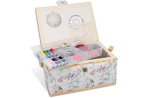 Navaris Sewing Box with Accessories - Sew Basket with Organizer Tray Compartments 9.7" x 6.9" x 4.9" - Includes 76 Piece Kit - Bird Print