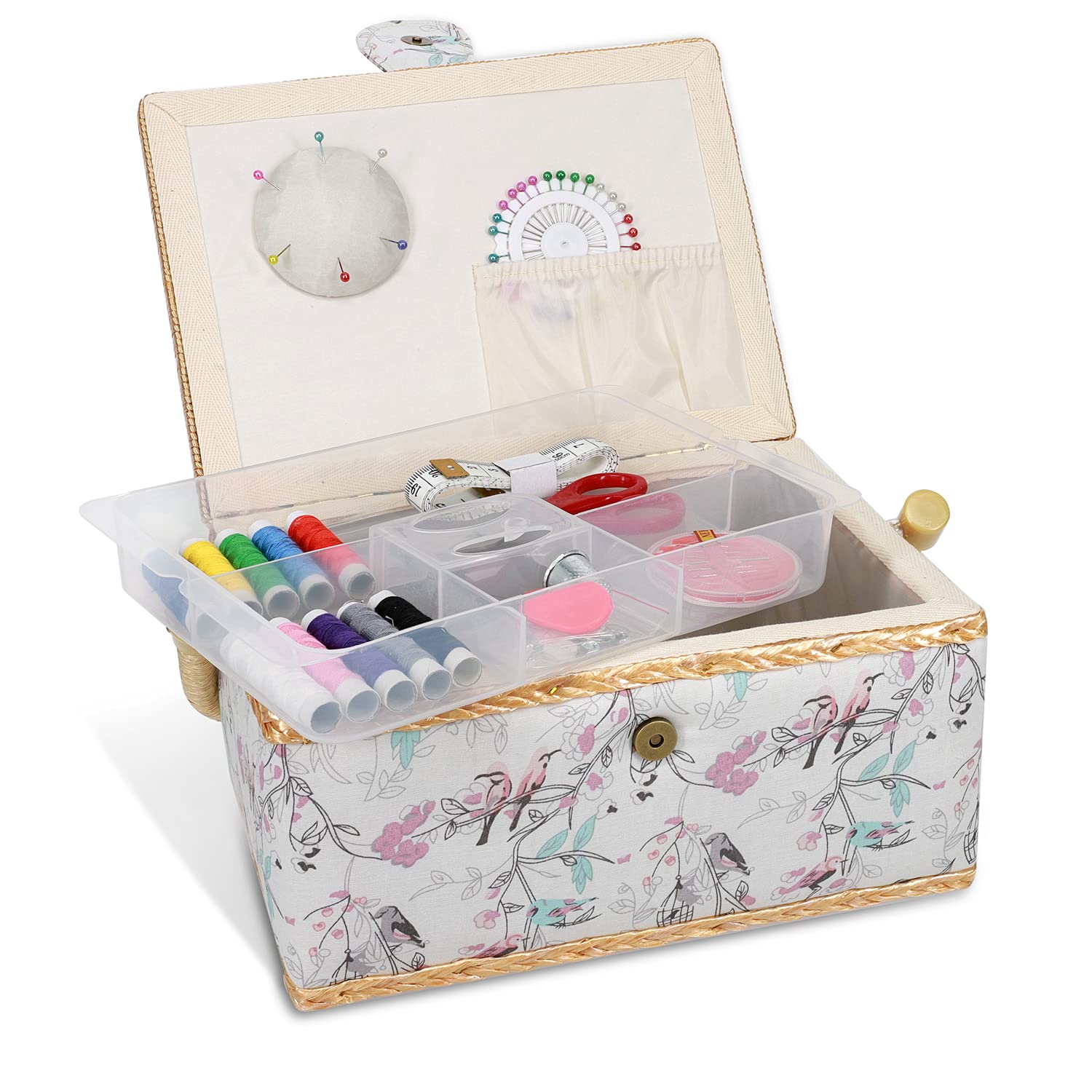 Navaris Sewing Box with Accessories - Sewing Basket with Organiser Tray Compartments 24.5 x 17.5 x 12.5 cm - Includes 76 Piece Kit - Bird Design