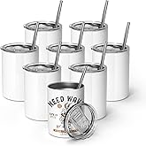 AGH 10OZ Sublimation Wine Tumblers Blanks, 8 Pack Straight Stainless Steel Tumblers with Lids and Straw, Sublimation Coffee Cups Mugs for Hot & Cold Drinks