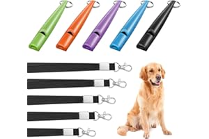 Weewooday 5 Pieces High Pitch Plastic Dog Whistles for Recall Training, Dog Training Whistle with Lanyards and Key Rings (Black, Orange, Blue, Purple, Green)