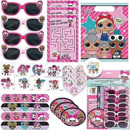 Amazon.com: LOL Surprise - Pack de regalo de cumpleaños para 8 invitados con bolsas de regalo, pulseras de diapositivas, tatuajes, gafas de sol LOL, hojas de actividades, mini bloc de notas, pegatinas,