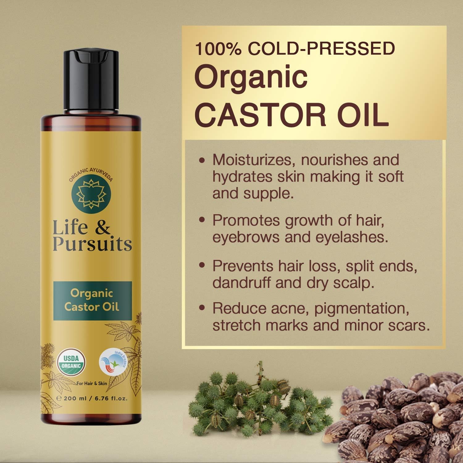 Life & Pursuits Organic Castor Oil (6.8 Fl Oz), 100% Pure, Cold-pressed, Hexane Free, Pale Yellow, 200 ml (Pack of 1) - Image 3