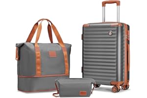Joyway Carry on Luggage Sets 3 Piece with Spinner Wheels,Hardside 20 Inch Carry-on Suitcase 22x14x9 Airline Approved with Combination Lock, Grey Brown