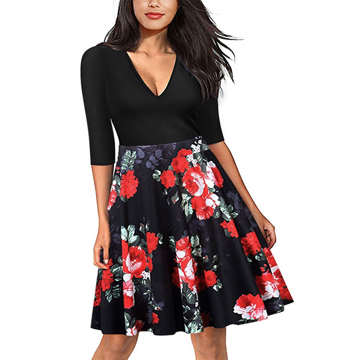 Zumine Women\'s Vintage Floral Midi Dress V-Neck half Sleeve Party cocktail dress (S, Red Floral)