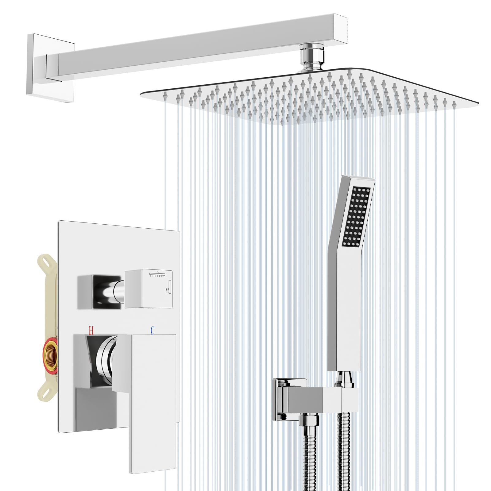 Rainsworth Concealed Shower Set, Bathroom Luxury Rain Mixer Shower Combo Set, 10 Inches Rainfall Shower Head, Stainless Steel & Brass,Chrome