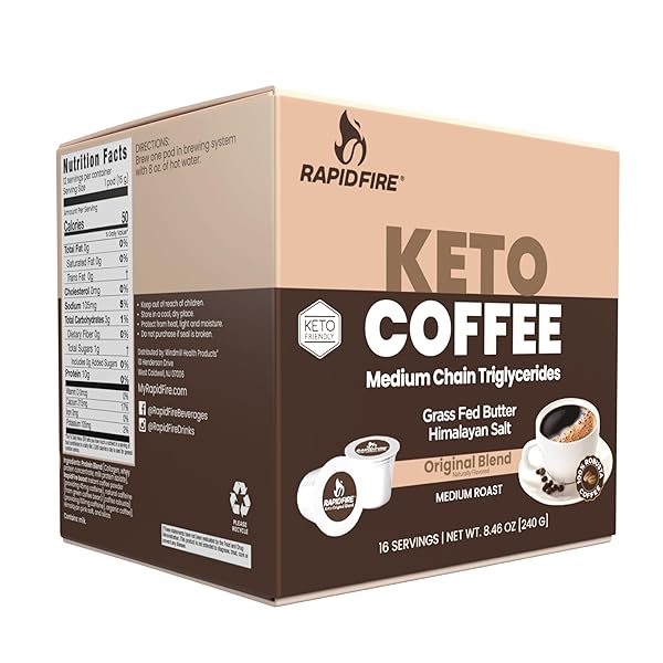 RAPIDFIRE ORIGINAL FLAVOR HIGH PERFORMANCE KETO COFFEE PODS, SUPPORTS ENERGY & METABOLISM, SINGLE SERVE K CUP, BROWN, 16 COUNT