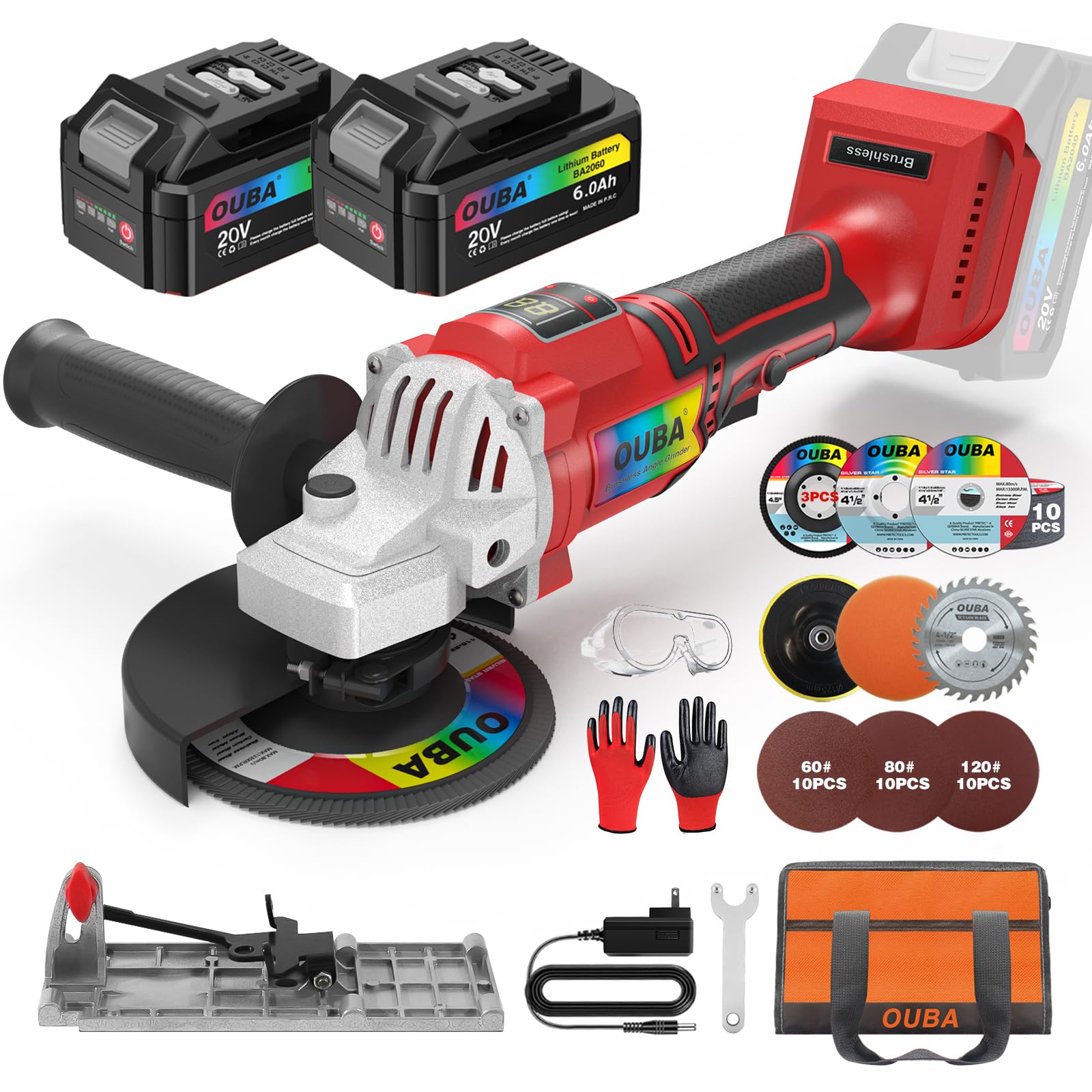 Photo 1 of OUBA Cordless Angle Grinder Tool, 20V Battery Grinder Tool, 2x 4.0Ah Battery, Brushless Metal Grinder with LED, 6 Variable Speed, 4-1/2" Cutting Wheel, Angle Grinder Stand, Flap Disc Grinding, Red