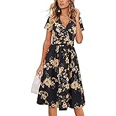 Newshows Womens Summer Short Sleeve Casual Dresses V Neck Floral Vacation Sundress Faux Wrap Midi Dress with Pockets