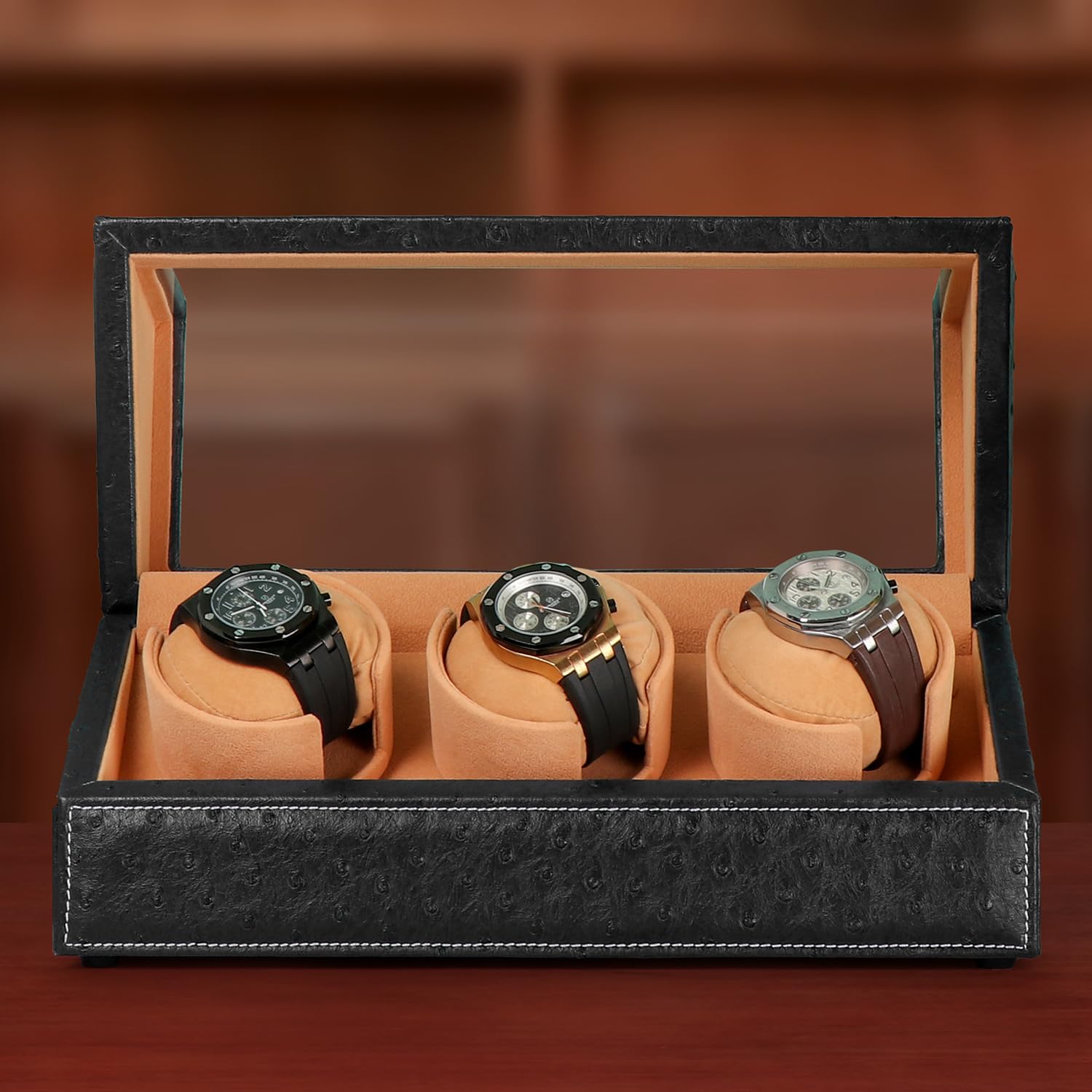 DRIKLUX Automatic Watch Winder for Rolex and Other Luxury Watches - Automatic Winder with Quiet Motor, Premium Black Ostrich Leather Exterior and Soft Flexible Watch Pillows of Camel Velvet
