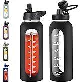 EALGRO 40 oz Glass Water Bottle With Straw and Handle, Sports Motivational Water Jug Flask with Silicone Sleeve, Large Water Cup with Time Marker for Travel, Gym, Black