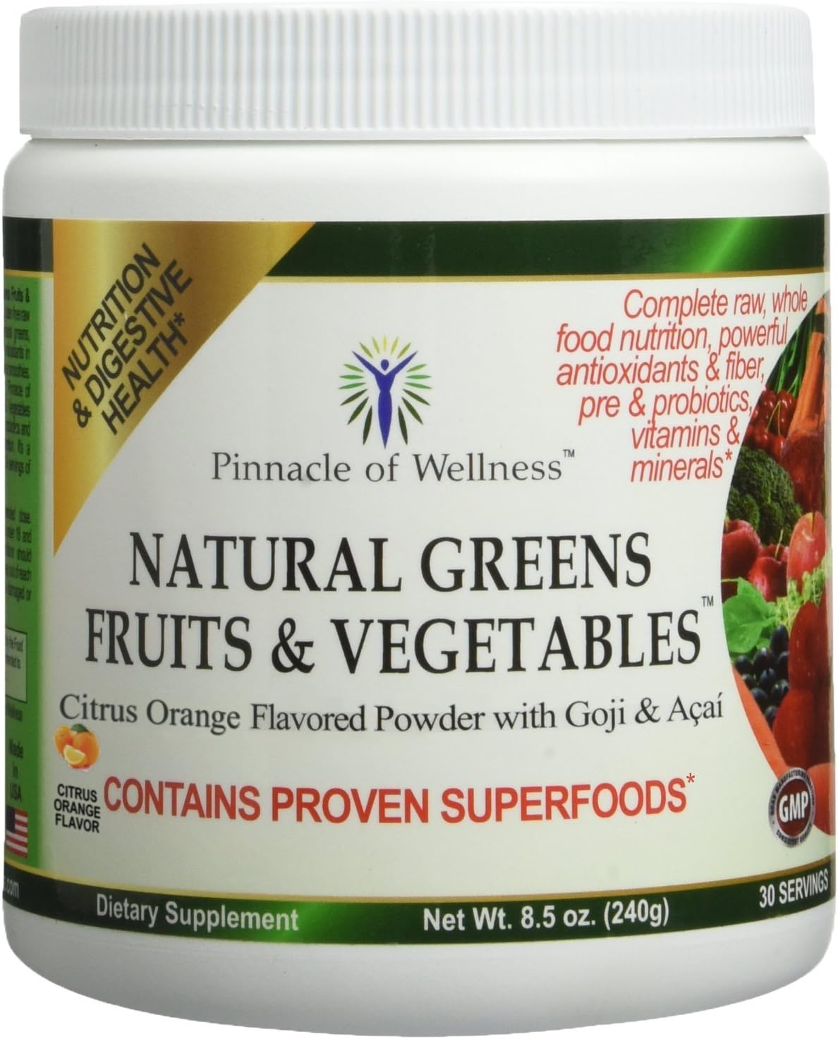 Pinnacle of Wellness Natural Greens Fruits & Vegetables Superfood Powder - Citrus Orange Flavor - 30 Servings 8.5oz (240g)