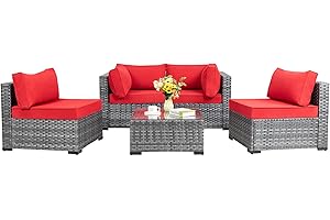 Shintenchi 5 Pieces Outdoor Patio Sectional Sofa Couch, Silver Gray PE Wicker Furniture Conversation Sets with Washable Cushions & Glass Coffee Table for Garden, Poolside, Backyard (Red)