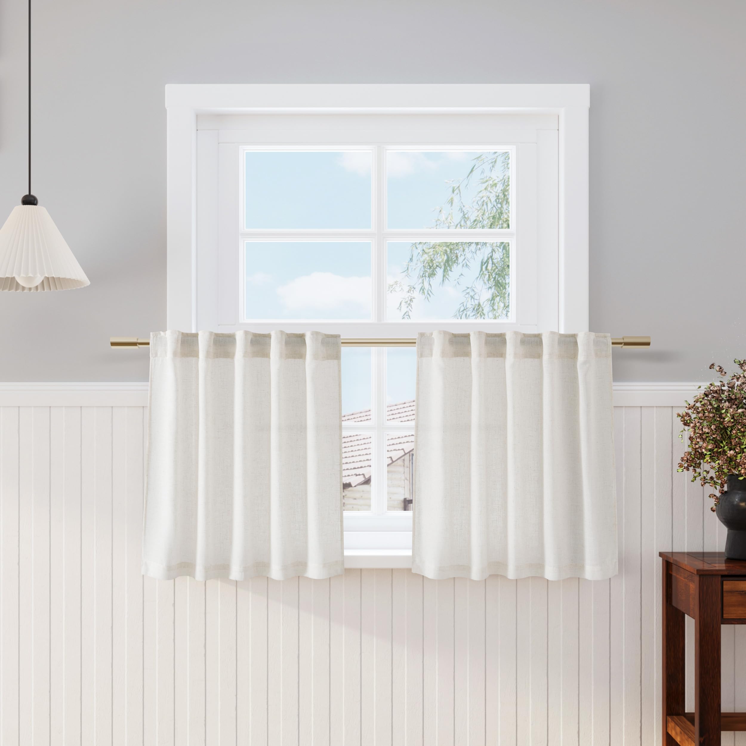 Photo 1 of Nanspring Cream Linen Cafe Curtains 24 Inch Length Light Filtering Semi Sheer Mini Curtains for Small Window Basement Bathroom Camper Back Tab Rod Pocket Short Sheer Kitchen Curtain 30x24 Inches