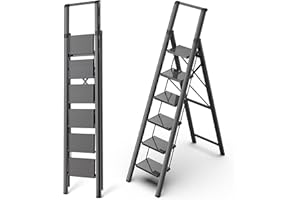 GameGem 6 Step Ladder, Aluminum Folding Step Stool with Anti-Slip Sturdy and Wide Pedal, Portable Lightweight Stepladder with Convenient Handgrip for Home, Office, Kitchen Use Black, 330 lbs Capacity