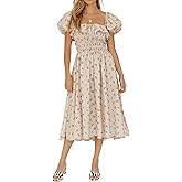 Umimore Womens Summer Floral Short Sleeve Ruffles Midi Dress Casual Square Neck Tie Front Beach Sundresses Fairy Dresses