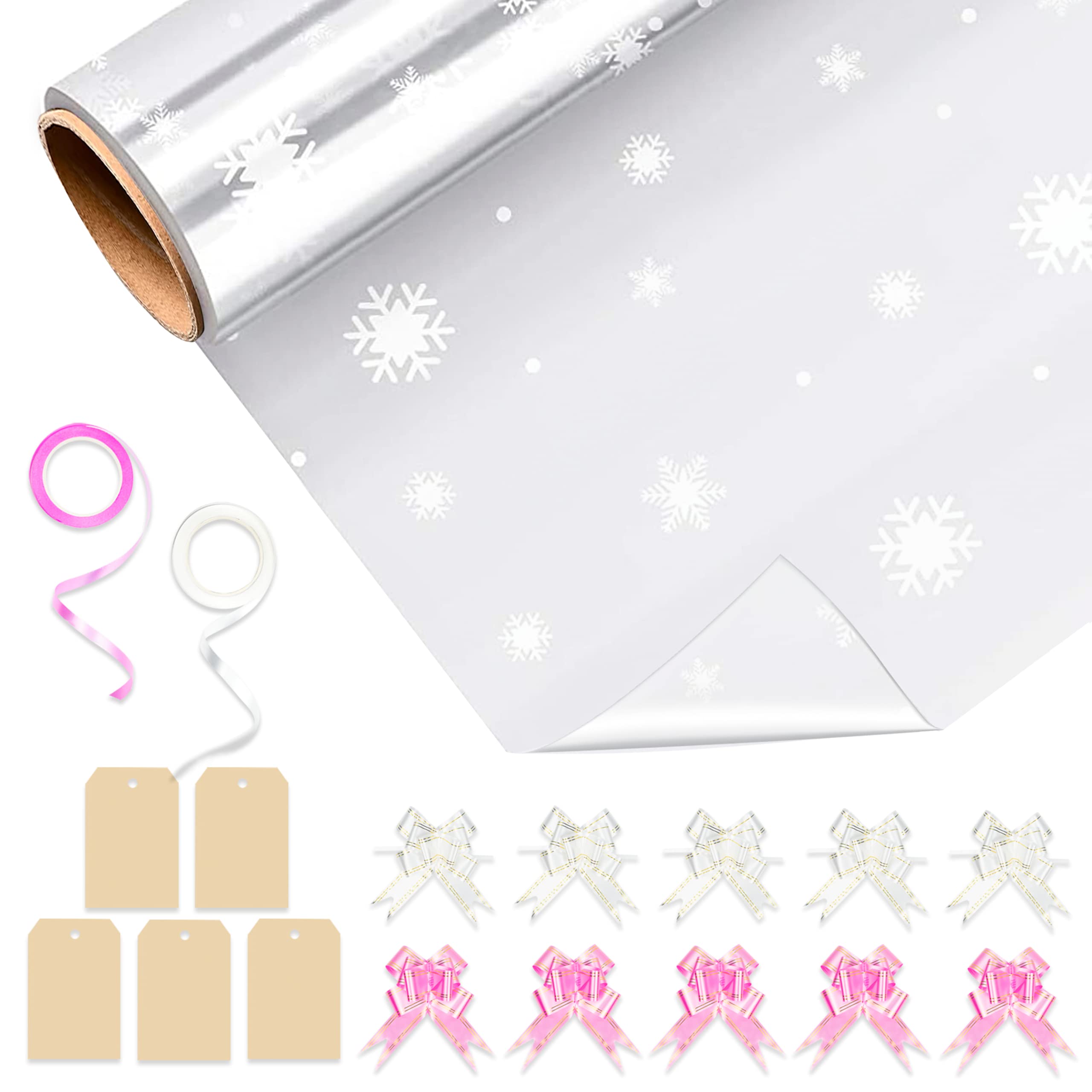 HURUC Clear Cellophane Wrap Roll 40cm x 30m – Durable 2.5 Mil for Gift Wrapping, Florist Packing, Basket Hampers, Crafts & Holiday Gifts (40cmx30m, Snowflakes - 1 Pack)
