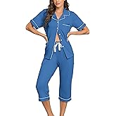 EA'S SECRET 100% Cotton Pajamas for Women Set Short Sleeve Button Down Sleepwear Capri Nightwear Pjs Loungewear