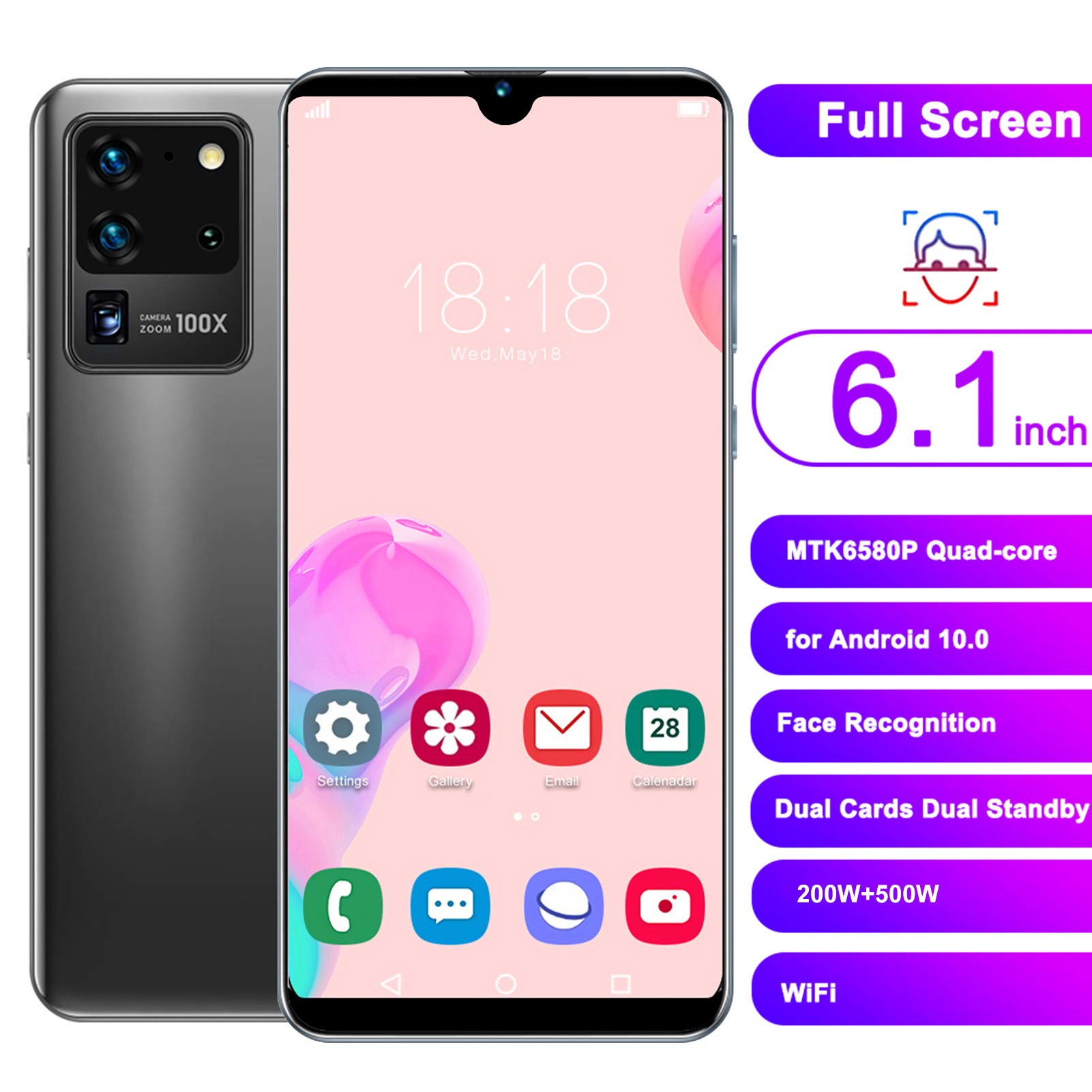 Hilitand 6.1in Full Screen Dual Card Face ID Smartphone,Front Camera 200W + Back Camera 500W,Fingerprint Unlocked Fast and Secure,5point Touching Screen,Support for Android 10.0,with 128G Memory Card