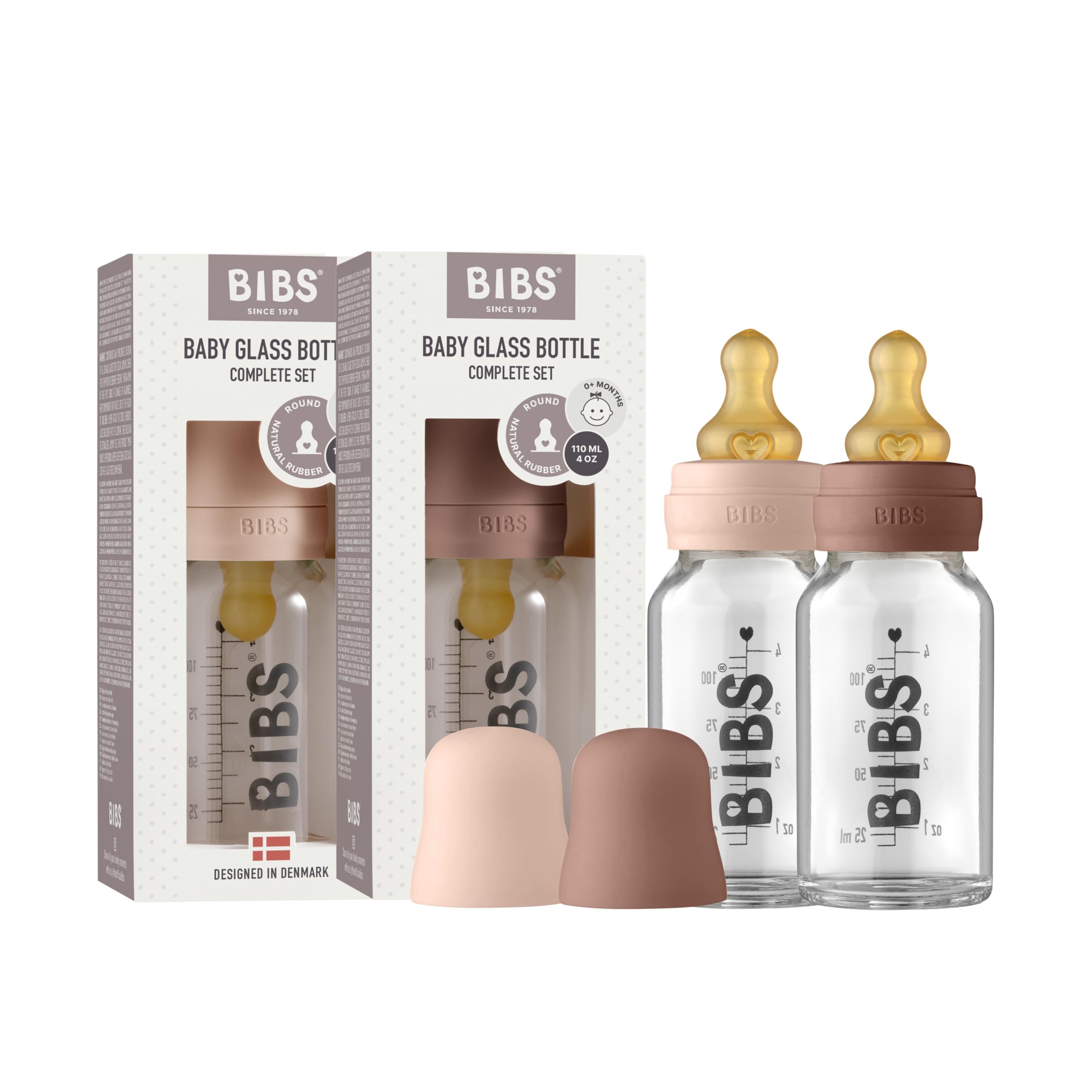 Bibs Baby Glass Bottle | Newborn Anti-Colic Baby Borosilicate Glass Bottles | Natural Vented Round Natural Rubber Latex Nipple | Consistent Flow Rate | 3.7 oz/110 ml | 2 Pack | Blush/Woodchuck Image