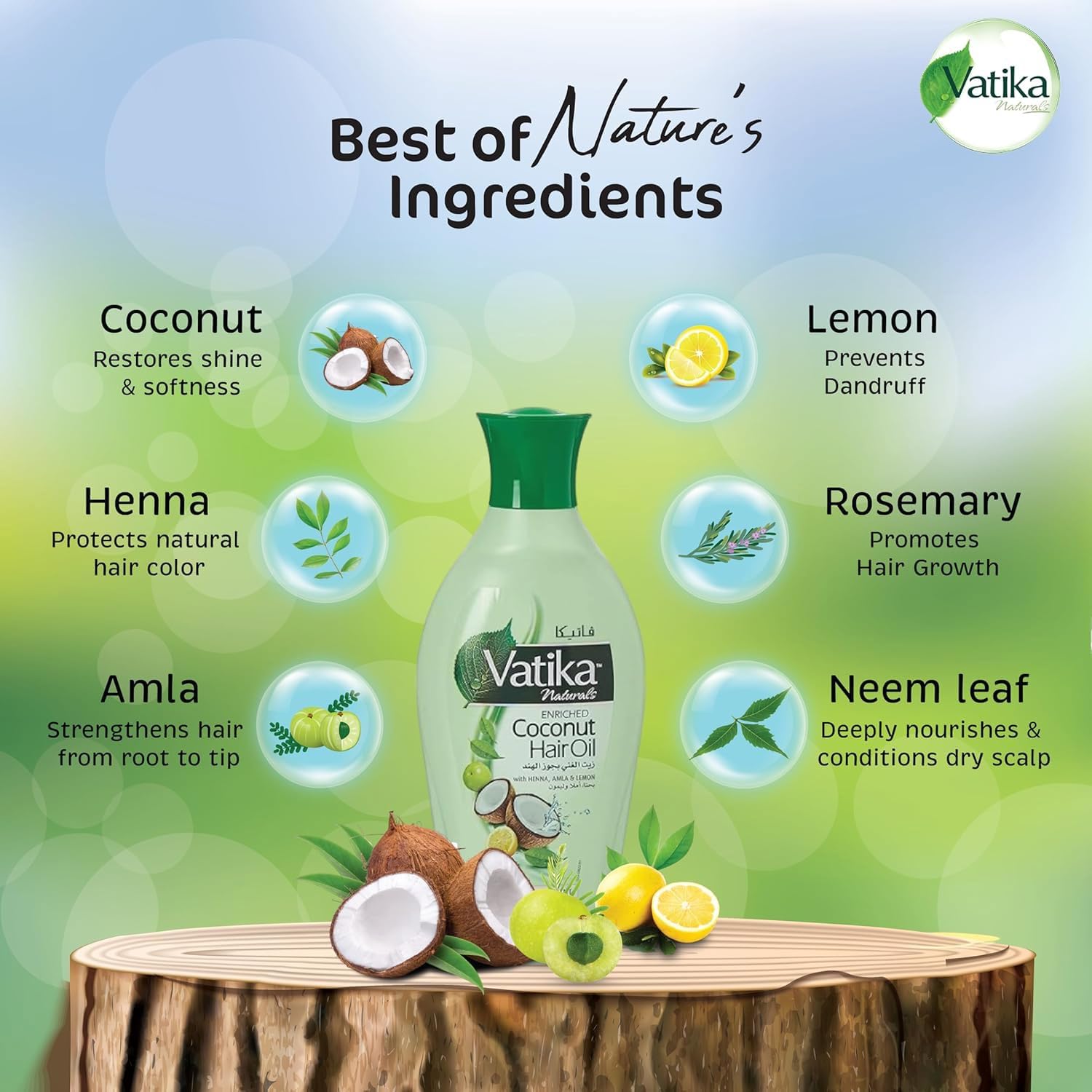 Dabur Vatika Naturals Coconut Hair Oil with Henna, Amla, Lemon & 5 Herbs - Nourish & Strengthen Hair & Scalp for Healthy & Radiant Hair for Kids, Women & Adults - 10.14 Fl Oz (Pack of 1)