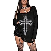 BEAUDRM Women's Plus Size Goth Shirts Cross Print T Shirt Scoop Neck Long Sleeve Oversized Dressy Casual Tee Tops