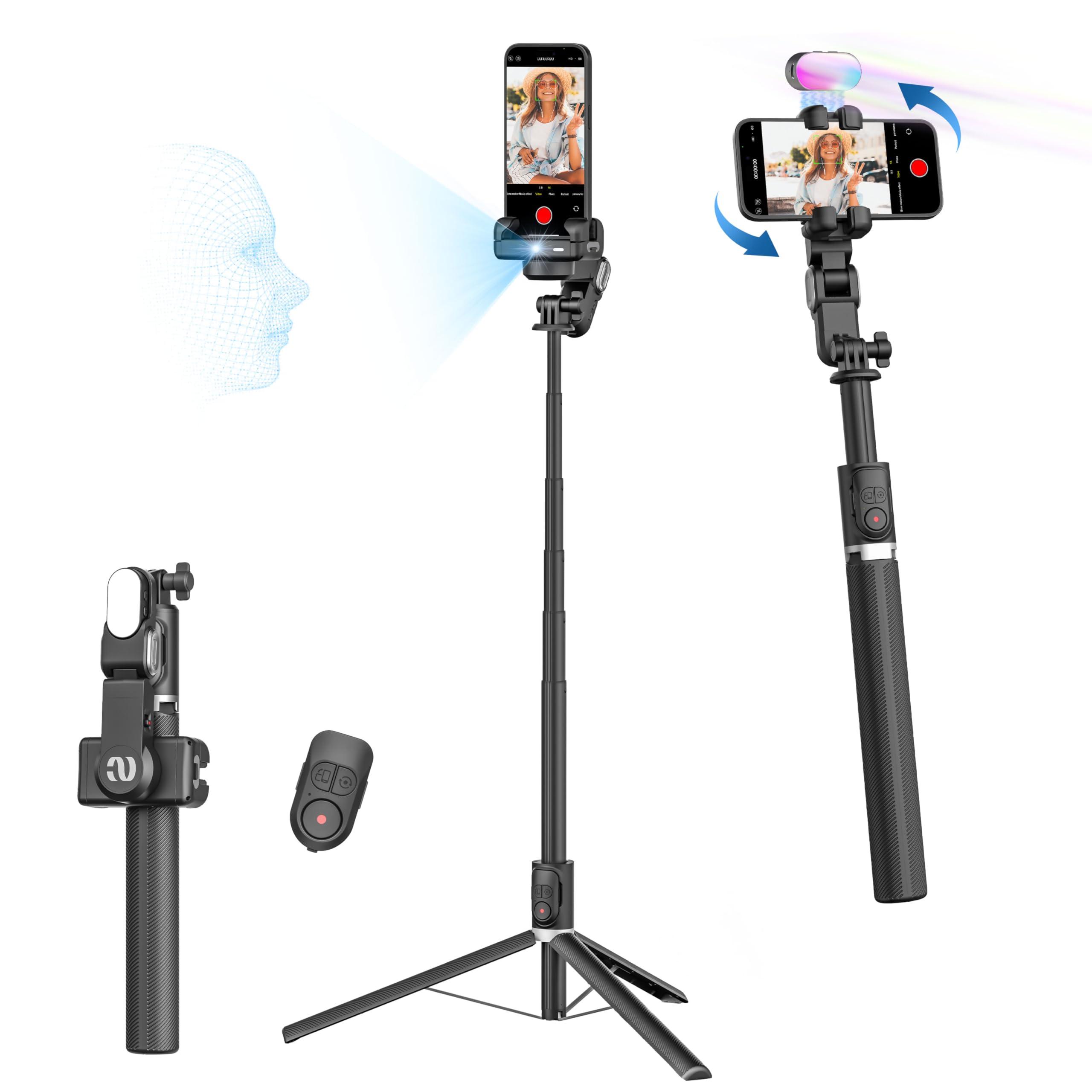 AOCHUAN Auto Face Tracking Tripod 360 Rotation for iPhone Android,Phone Stand Follow You for Video Recording,Selfie Stick Tripod with RGB Light,Remote Control for YouTube,TikTok Vlogging(M2Pro Black)
