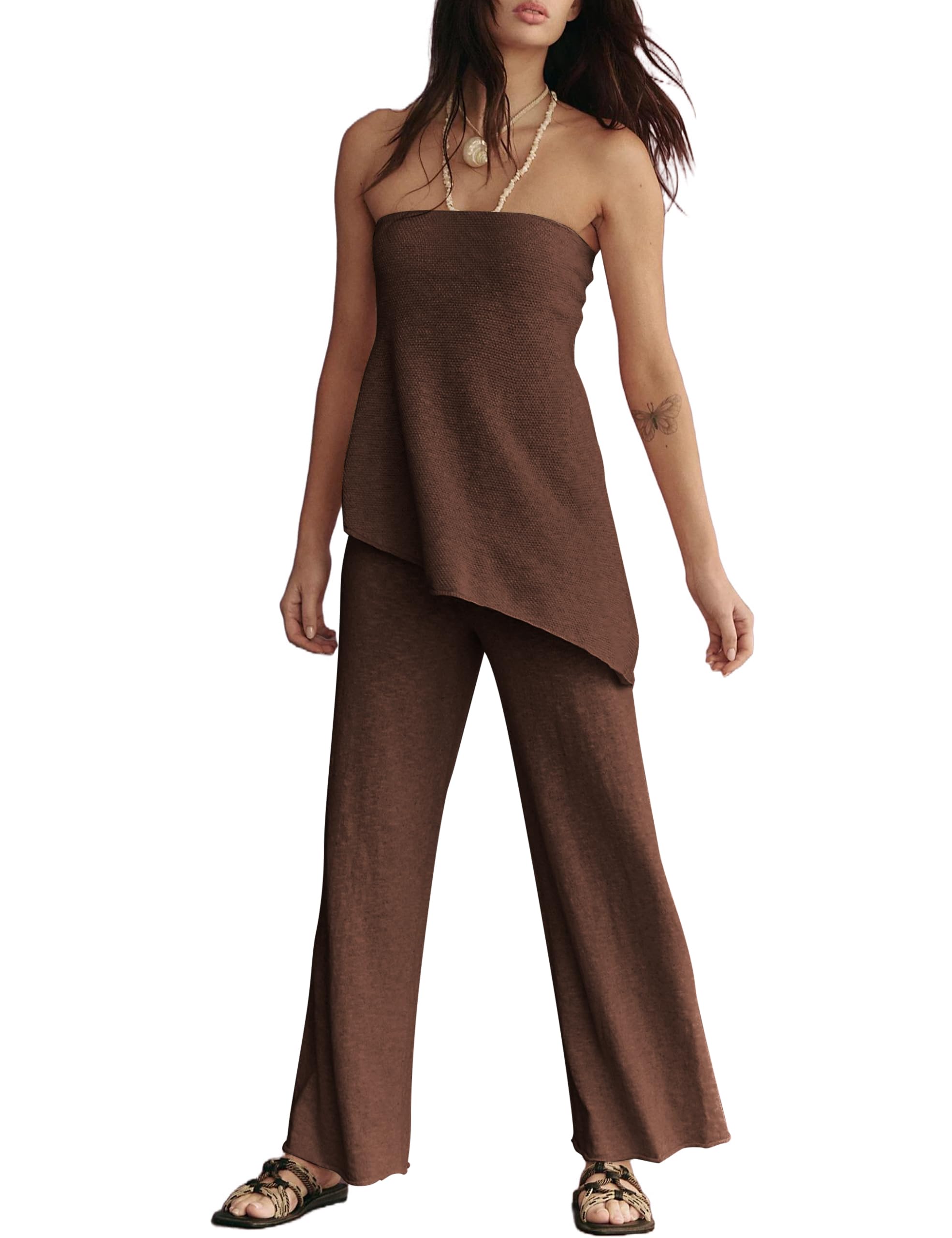 Photo 1 of ACCPUR Women Summer Knit Sweater Sets Sexy Tube Top and Loose Pant Lounge Matching Set 2025 2 Piece Outfits Brown