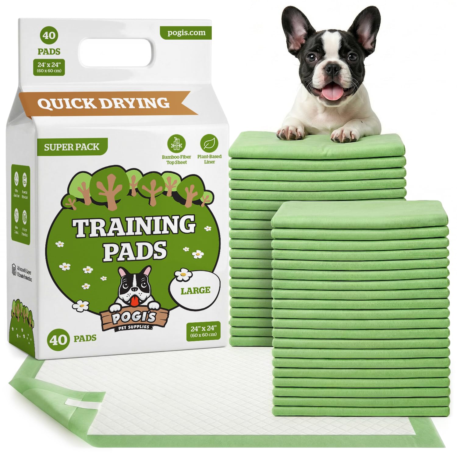Pogi's Dog Training Pads with Sticky Tabs – Eco-Friendly, Odour Blocking & Super Absorbent – 40-Pack (60 × 60 cm)