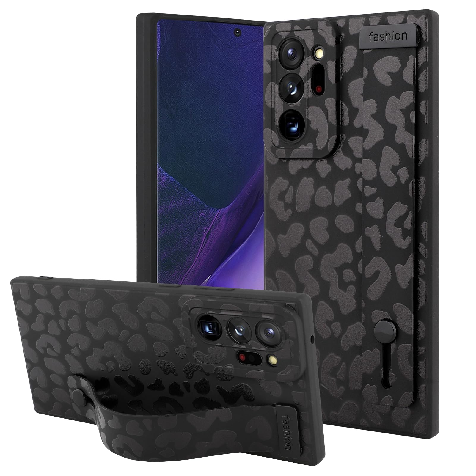 OOK Compatible with Samsung Galaxy Note20 Ultra Leopard Case with Wrist Strap, Black Leopard TPU Shockproof Protection Slim Cover with Camera Protection for Women Girls