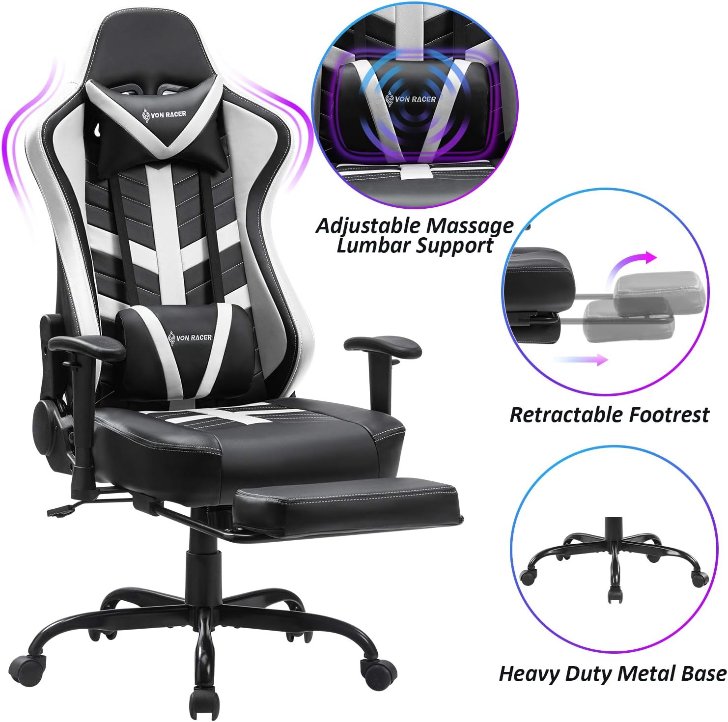 Video Game Chairs Von Racer Massage Gaming Chair With Footrest Racing Computer Desk Office Swivel Task Chair Ergonomic Executive Bonded Leather Chair With Headrest Lumbar Support Adjustable Armrests Sports Outdoors