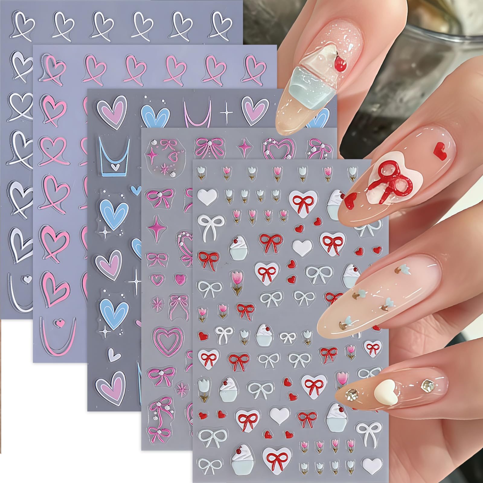 5Pcs Bow Nail Sticker French Heart Nail Decals 3D