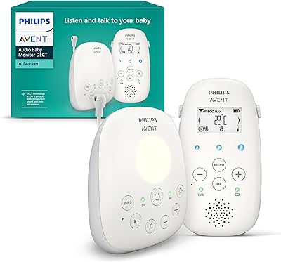 Philips ‎AVENT Audio Babyphone DECT-Technologie, Eco-Mode, Gegensprechfunktion, Schlaf- und Nachtlieder, Temperatursensor, maximale Reichweite, weiß (Modell SCD713/26)
