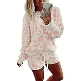Ekouaer Fuzzy Fleece Pajamas 2 Piece Warm Soft Lounge Set Long Sleeve Sweater Top and Shorts Loungewear Outfits Sweatsuits