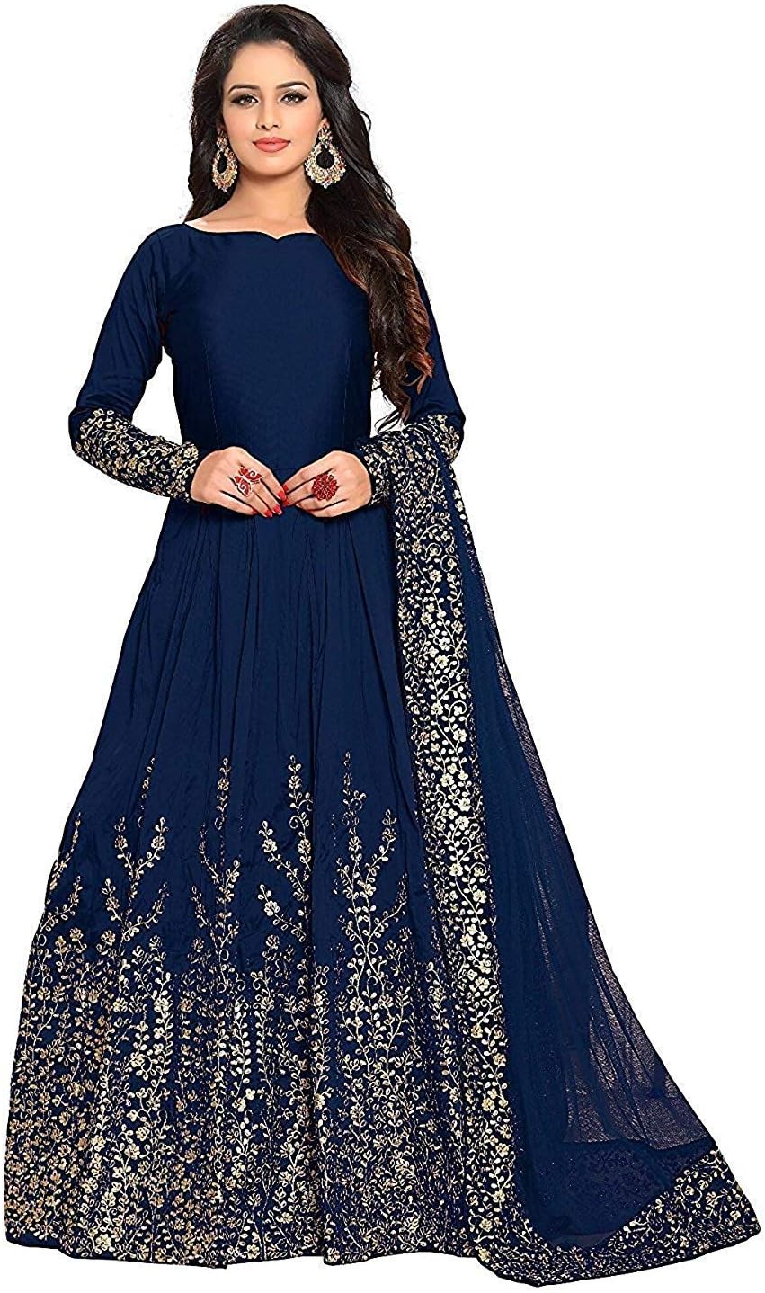 Queen of India Women's Taffeta Silk Embroidered Semi-Stitched Anarkali Gown (QUEEN SSD67, Blue, Free Size)