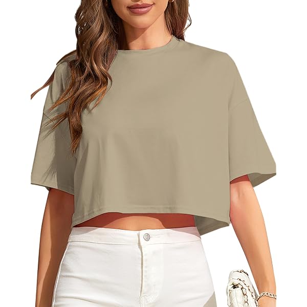 Danedvi Women's Half Sleeve Cropped Tee - Loose Fit Drop Shoulder Basic Top - View #3