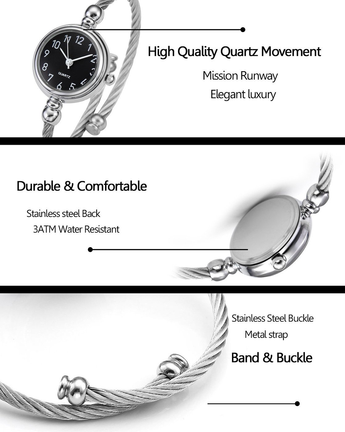 Top Plaza Womens Fashion Analog Quartz Bangle Cuff Wrist Bracelet Watch Elegant Stainless Steel Wire Band Arabic Numerals Dress Watches