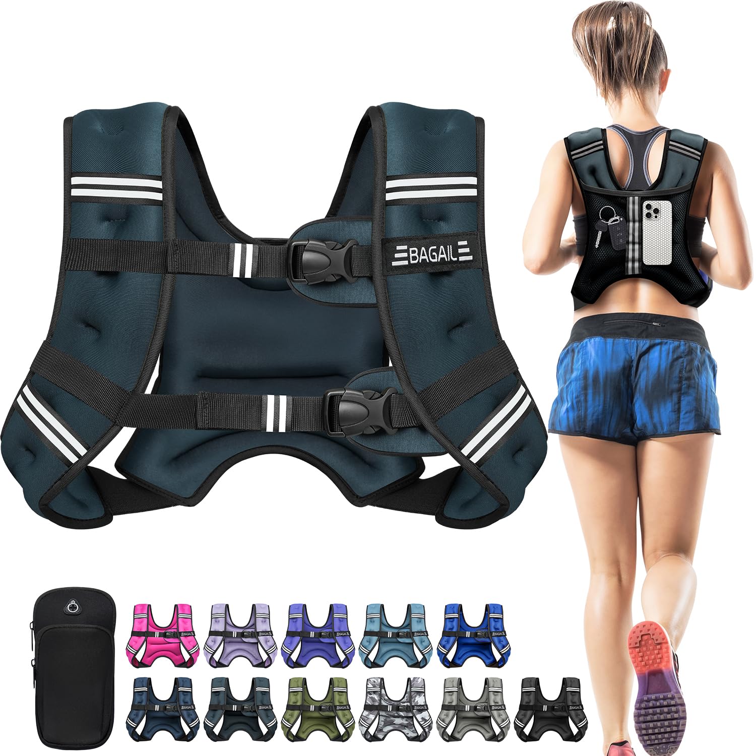 BAGAIL Comfort-Fit Weighted Vest for Woman, Even Weight Distribution, Faster Weight Loss, No-Chafe or Bounce for Walking & Running with Detachable Phone Pouch & Reflective Stripes - 15lb, Steel Blue