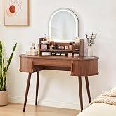 43" Makeup Vanity Desk with Mirror and Lights, Dressing Table Small Vanity | Fluted Wood Vanity Table with Sliding Door, Makeup Desk Small Vanity with Shelves and 3 Light Modes, Walnut Curved Tocador