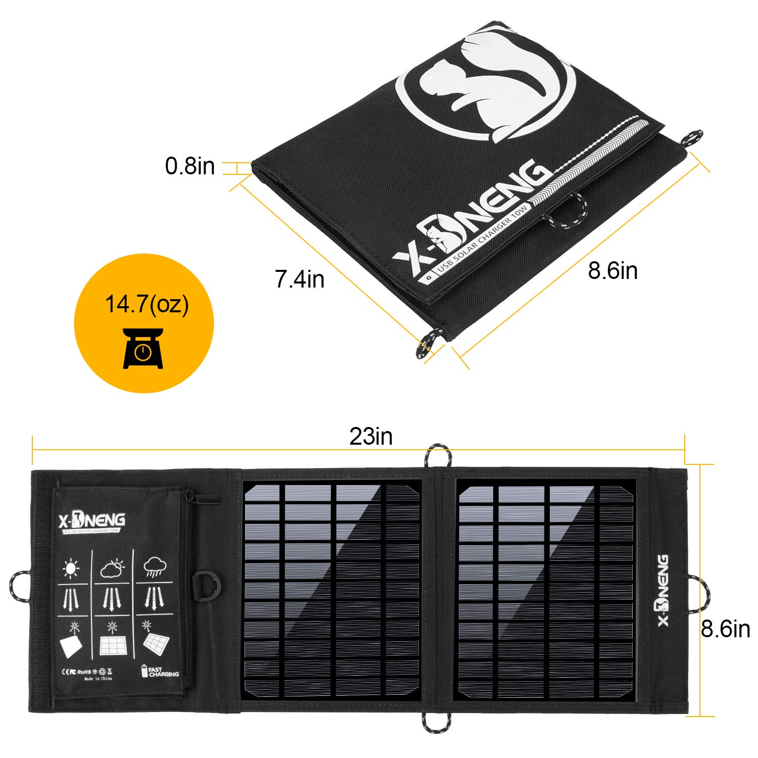 X-DNENG Solar Charger 10W Waterproof Foldable Single USB Port Solar Battery Charger Panel for Cell Phone, Power Bank, and Other Electronic Devices, Good Choice for Camping, Fishing, Hiking