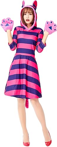 Amazon ハロウィン 仮装 チェシャ猫 コスプレ 動物 猫 大人 レディース かわいい 猫耳 しっぽ付 童话 キャラクター 大きいサイズ 紫色 の縞ネコ 衣装イベント パーティー 舞台服 演出用 学園祭 文化祭 S コスプレ 仮装 通販
