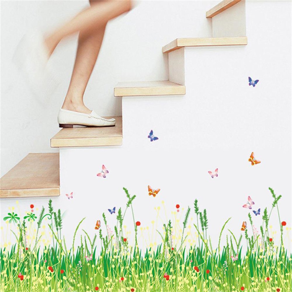 Green Grass Meadow Wall Art Stickers with Red Flowers and Butterflies Colourful Removable DIY Vinyl Wall Decals Multicoloured Decorative Mural for Living Room, Bedroom, Baseboard