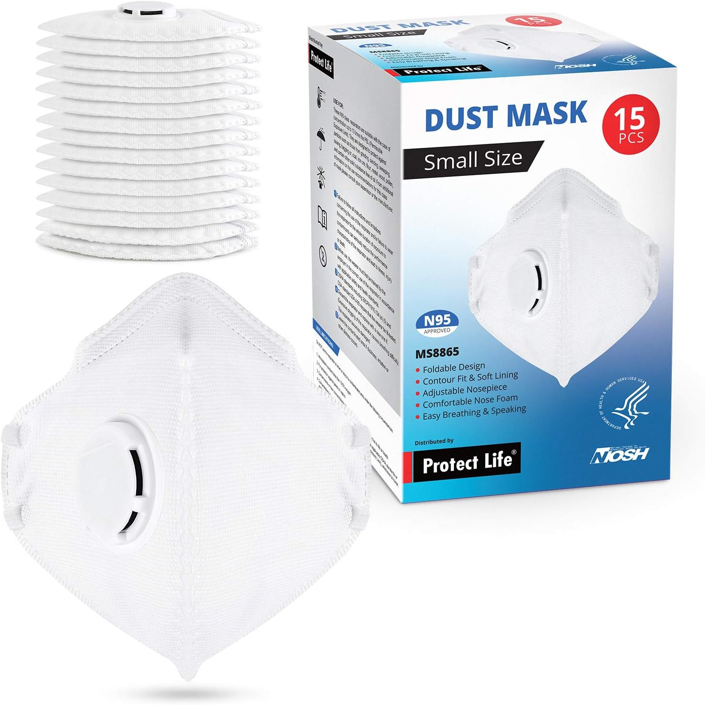 Small Size Dust Mask - 15 pack - Safety N95 Particulate Respirator with Breathing Valve | 4-Layers Protection from Dust, Pollution, Allergens & more