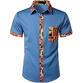 ZEROYAA Men's African Printed Patchwork Design Short Sleeve Button up Shirt