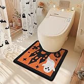 WREWING Halloween Ghost Haunted House U-Shaped Orange Toilet Mat, Soft Plush Non-Slip Absorbent Bathroom Floor Mat with Spooky Ghost Castle, Fall Holiday Black Bath Rug 20x22 Inch (Orange Castle)