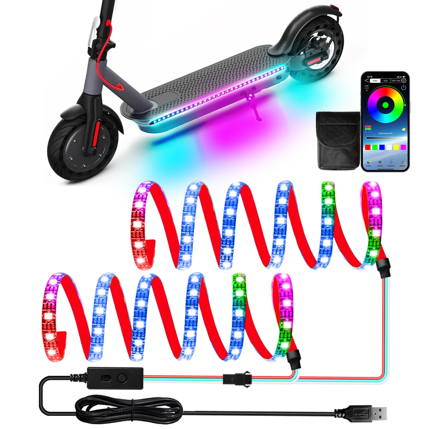 Scooter LED Light, Keiurot LED Lights Strips for Scooter Night Riding, 5V Skateboard Lights APP Control RGB Waterproof Electric Scooter Accessories 2 in 1