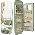 Nicetree LED Mirror Jewelry Cabinet, Rounded Jewelry Armoire Organizer, Wall or Door Mounted Jewelry Organizer with Interior Mirror, Lockable Wide Mirror with Jewelry Storage, 2 Drawers, Green