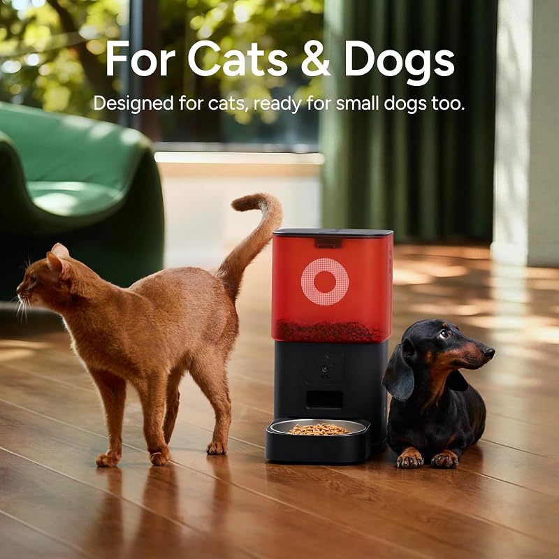 Futterautomat Katze mit Kamera 6L, Automatischer Katzen Futterautomat für Katzen und Hunde, App-Steuerung per WLAN, 2-Wege-Audio, Nachtsicht, Futterspender mit Edelstahlnapf (Weiß & Rot)